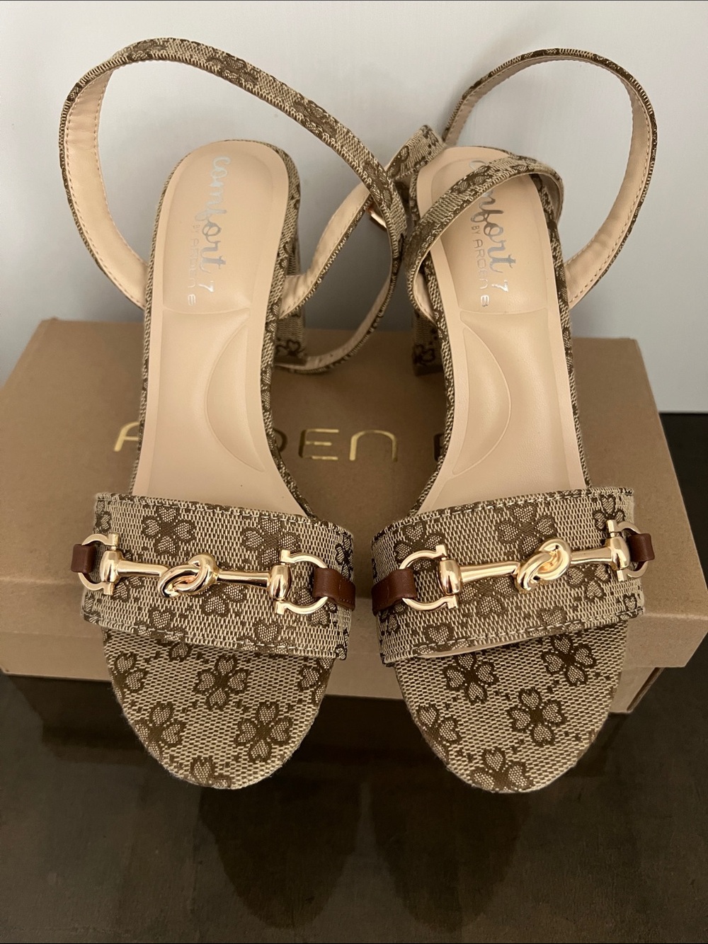 Arden B Brown Floral Jacquard Slingback Heels with Gold Hardware